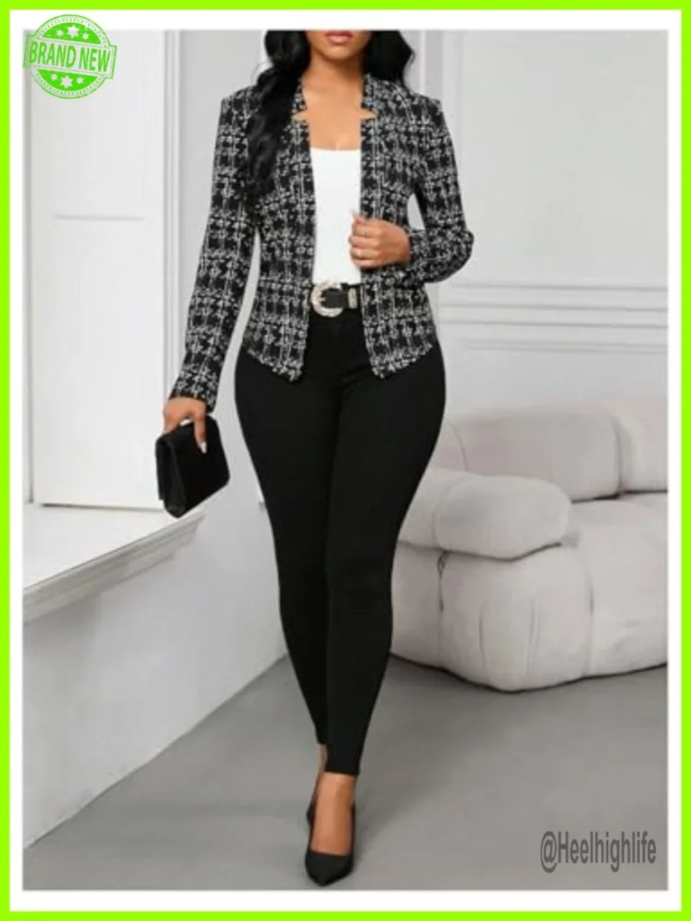 Elegant Plaid Tweed Blazer Open Front Long Sleeve Business Work Suit Jacket
